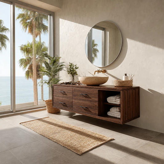 Floating Bathroom Vanity with Open Shelf and Four Drawers in Natural Solid Wood - Livewoodcraft