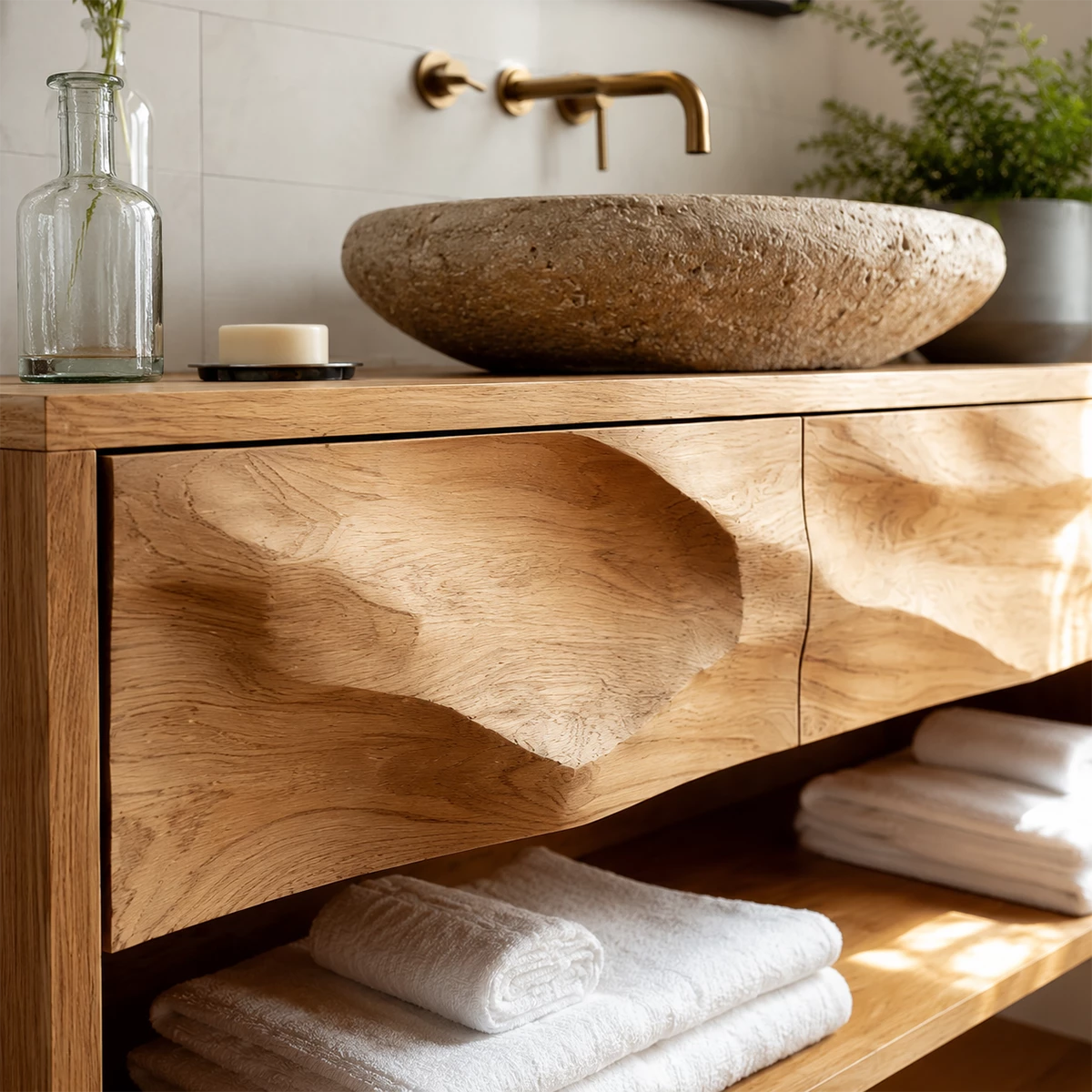 Floating Bathroom Vanity with Sculpted Drawer Fronts in Natural Solid Wood - Livewoodcraft - 2