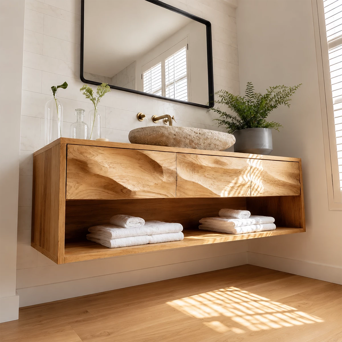 Floating Bathroom Vanity with Sculpted Drawer Fronts in Natural Solid Wood - Livewoodcraft - 3