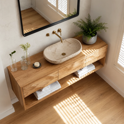 Floating Bathroom Vanity with Sculpted Drawer Fronts in Natural Solid Wood - Livewoodcraft - 4