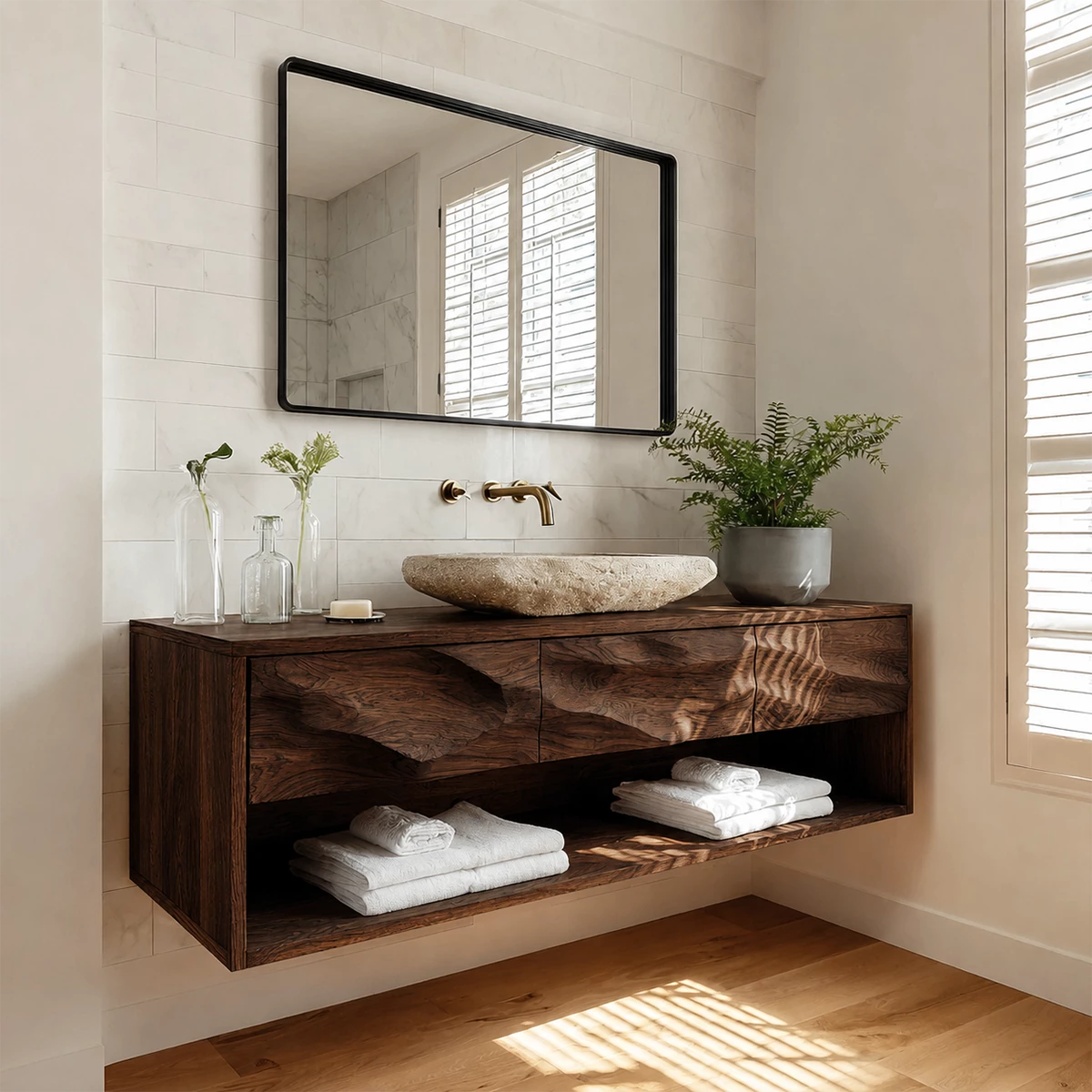 Floating Bathroom Vanity with Sculpted Drawer Fronts in Natural Solid Wood - Livewoodcraft - 5