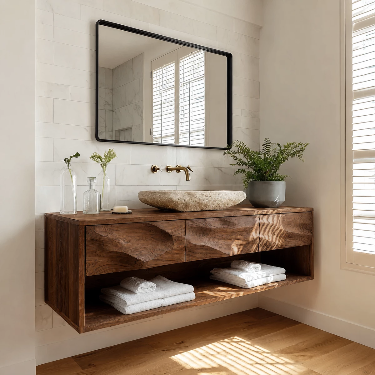 Floating Bathroom Vanity with Sculpted Drawer Fronts in Natural Solid Wood - Livewoodcraft - 6