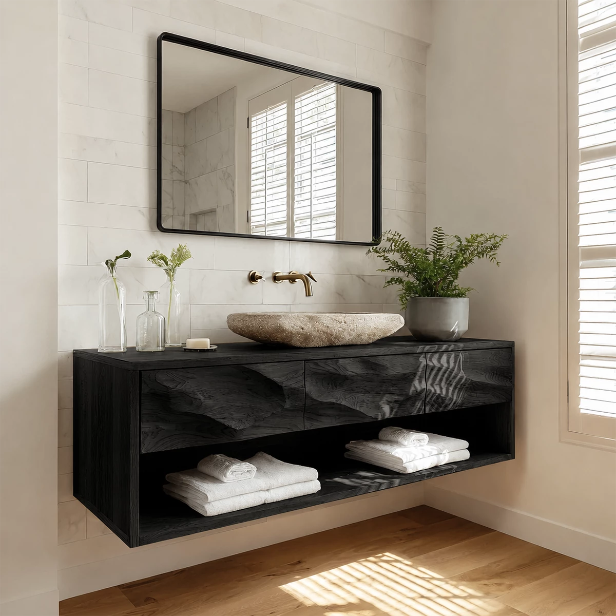 Floating Bathroom Vanity with Sculpted Drawer Fronts in Natural Solid Wood - Livewoodcraft - 7