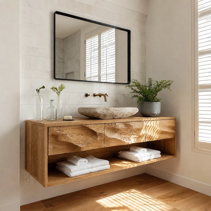Floating Bathroom Vanity with Sculpted Drawer Fronts in Natural Solid Wood - Livewoodcraft - 8