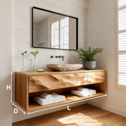 Floating Bathroom Vanity with Sculpted Drawer Fronts in Natural Solid Wood - Livewoodcraft - 9
