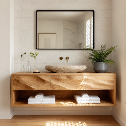 Floating Bathroom Vanity with Sculpted Drawer Fronts in Natural Solid Wood - Livewoodcraft