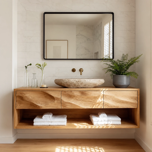 Floating Bathroom Vanity with Sculpted Drawer Fronts in Natural Solid Wood - Livewoodcraft