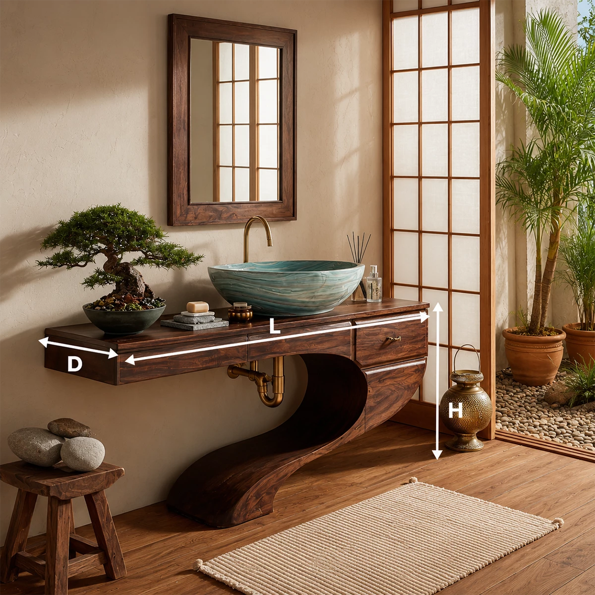 Floating Bathroom Vanity with Sculptural S-Curve Base in Natural Solid Wood - Livewoodcraft - 10