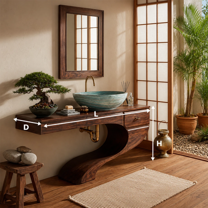 Floating Bathroom Vanity with Sculptural S-Curve Base in Natural Solid Wood - Livewoodcraft - 10
