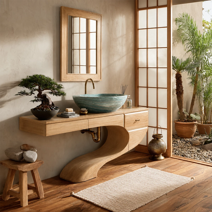 Floating Bathroom Vanity with Sculptural S-Curve Base in Natural Solid Wood - Livewoodcraft - 2