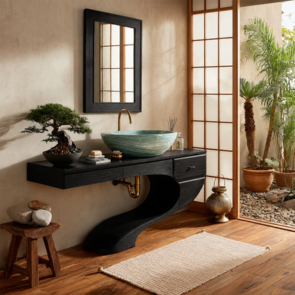 Floating Bathroom Vanity with Sculptural S-Curve Base in Natural Solid Wood - Livewoodcraft - 3