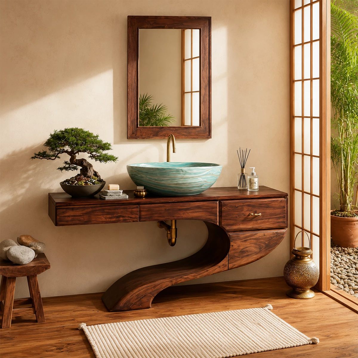 Floating Bathroom Vanity with Sculptural S-Curve Base in Natural Solid Wood - Livewoodcraft - 4
