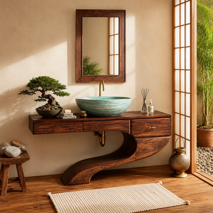 Floating Bathroom Vanity with Sculptural S-Curve Base in Natural Solid Wood - Livewoodcraft - 4
