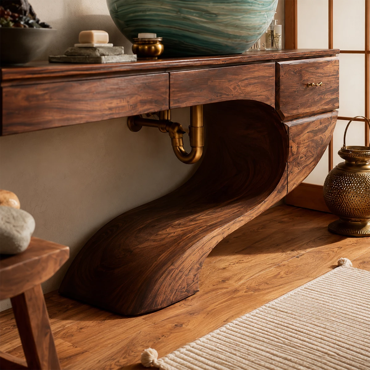 Floating Bathroom Vanity with Sculptural S-Curve Base in Natural Solid Wood - Livewoodcraft - 5
