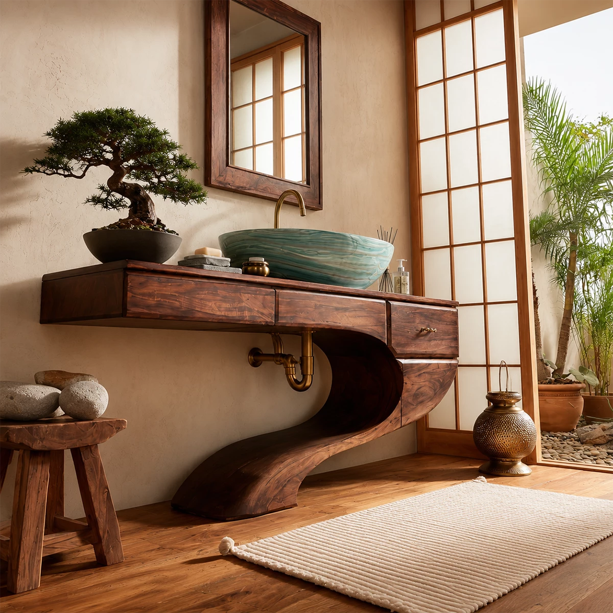Floating Bathroom Vanity with Sculptural S-Curve Base in Natural Solid Wood - Livewoodcraft - 6