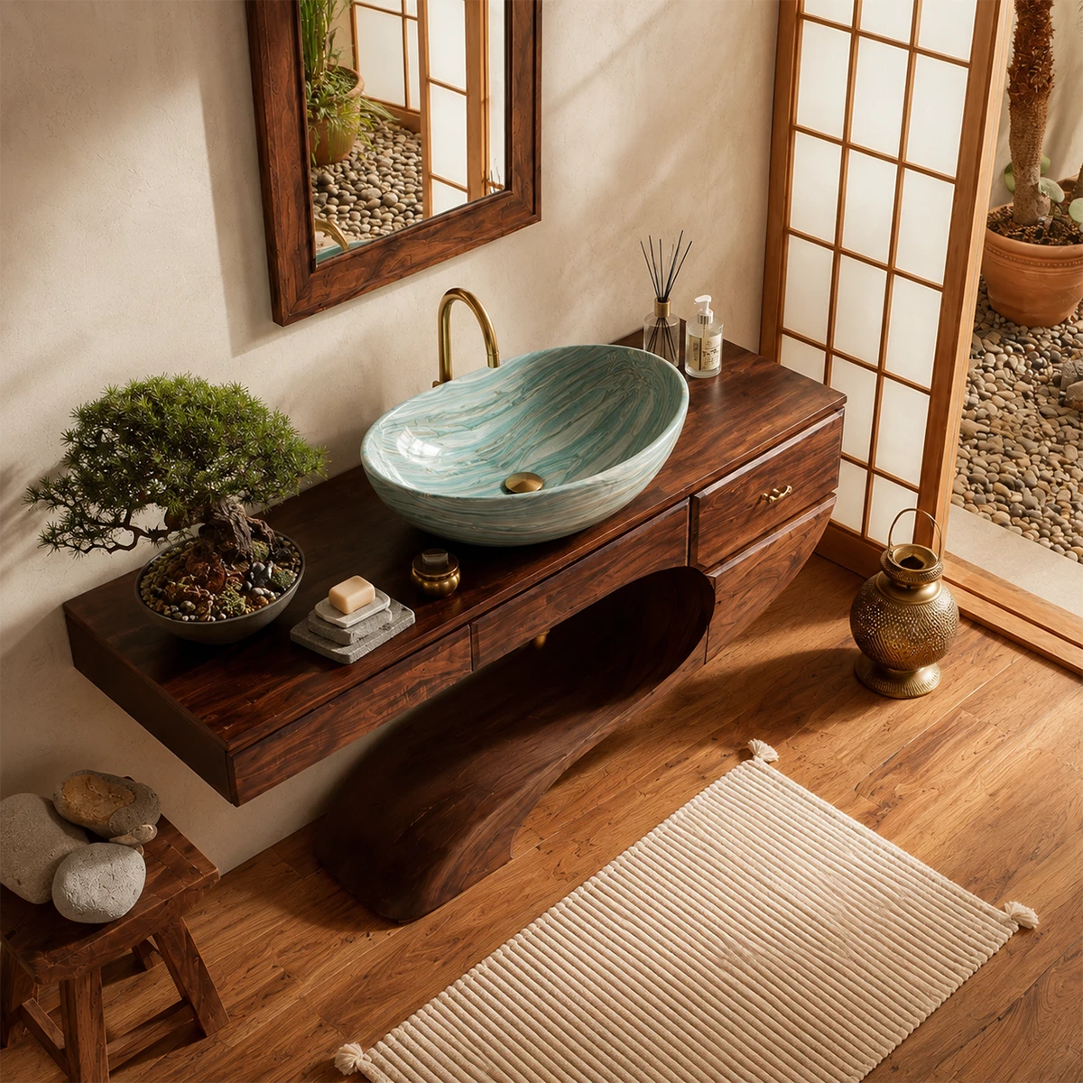 Floating Bathroom Vanity with Sculptural S-Curve Base in Natural Solid Wood - Livewoodcraft - 7