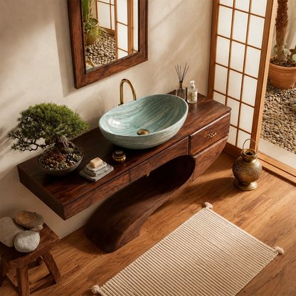Floating Bathroom Vanity with Sculptural S-Curve Base in Natural Solid Wood - Livewoodcraft - 7