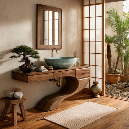Floating Bathroom Vanity with Sculptural S-Curve Base in Natural Solid Wood - Livewoodcraft - 8