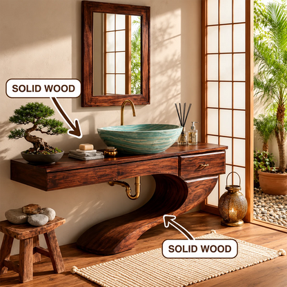 Floating Bathroom Vanity with Sculptural S-Curve Base in Natural Solid Wood - Livewoodcraft - 9
