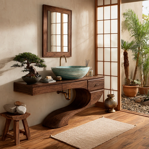 Floating Bathroom Vanity with Sculptural S-Curve Base in Natural Solid Wood - Livewoodcraft