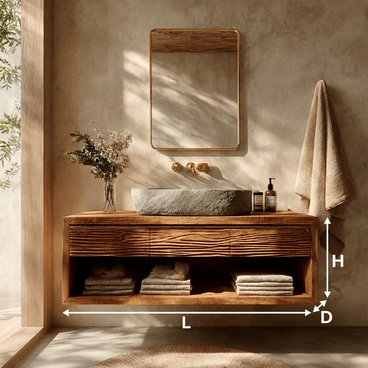 Floating Bathroom Vanity with Textured Wood Drawers and Open Shelf in Natural Solid Wood - Livewoodcraft - 10