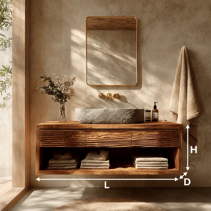 Floating Bathroom Vanity with Textured Wood Drawers and Open Shelf in Natural Solid Wood - Livewoodcraft - 10