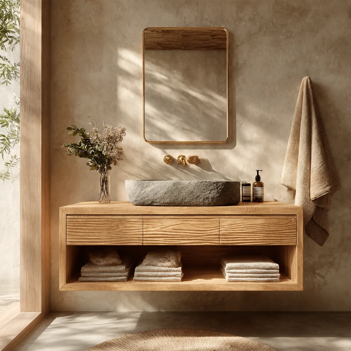 Floating Bathroom Vanity with Textured Wood Drawers and Open Shelf in Natural Solid Wood - Livewoodcraft - 2