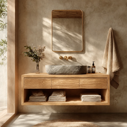 Floating Bathroom Vanity with Textured Wood Drawers and Open Shelf in Natural Solid Wood - Livewoodcraft - 2