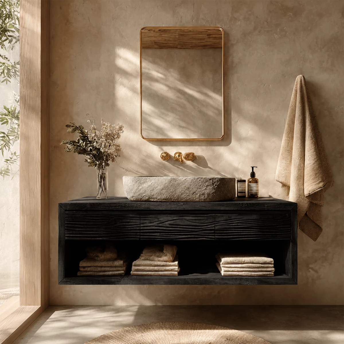 Floating Bathroom Vanity with Textured Wood Drawers and Open Shelf in Natural Solid Wood - Livewoodcraft - 3