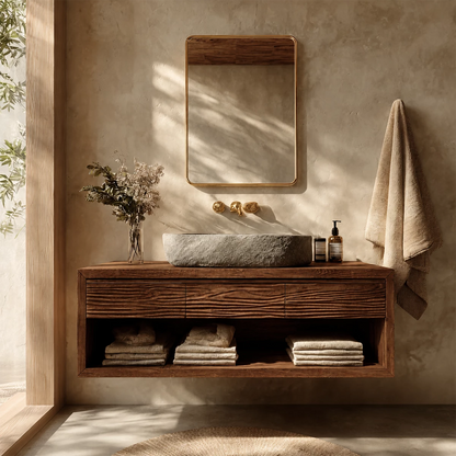 Floating Bathroom Vanity with Textured Wood Drawers and Open Shelf in Natural Solid Wood - Livewoodcraft - 4