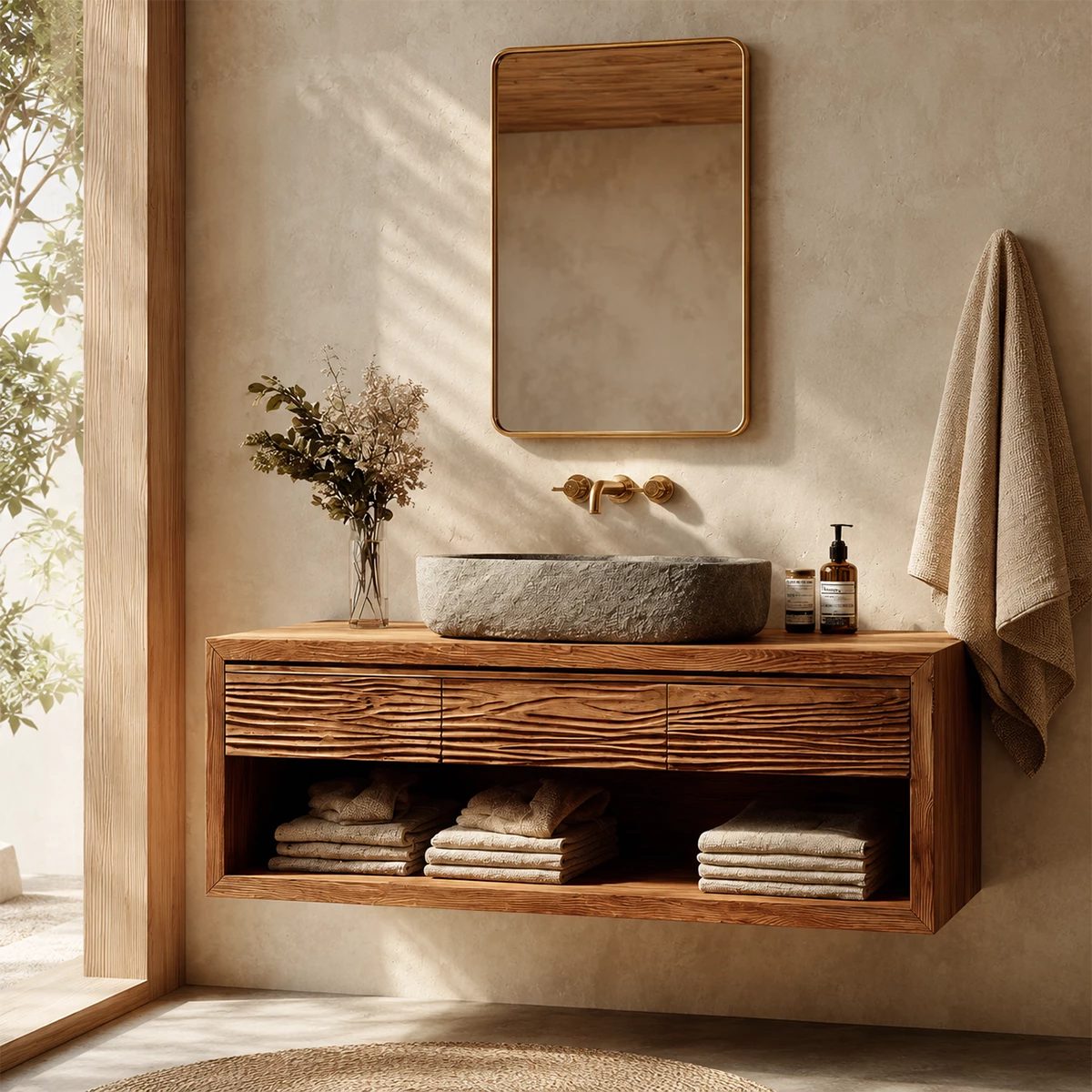 Floating Bathroom Vanity with Textured Wood Drawers and Open Shelf in Natural Solid Wood - Livewoodcraft - 5