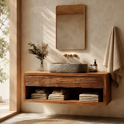 Floating Bathroom Vanity with Textured Wood Drawers and Open Shelf in Natural Solid Wood - Livewoodcraft - 5