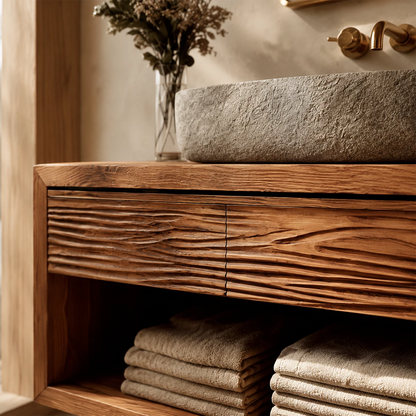 Floating Bathroom Vanity with Textured Wood Drawers and Open Shelf in Natural Solid Wood - Livewoodcraft - 6