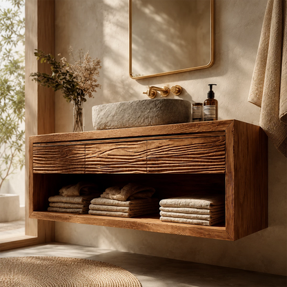 Floating Bathroom Vanity with Textured Wood Drawers and Open Shelf in Natural Solid Wood - Livewoodcraft - 7
