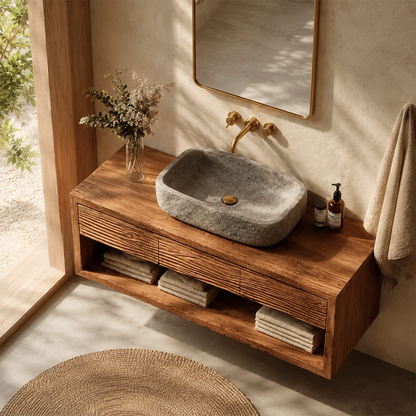 Floating Bathroom Vanity with Textured Wood Drawers and Open Shelf in Natural Solid Wood - Livewoodcraft - 8