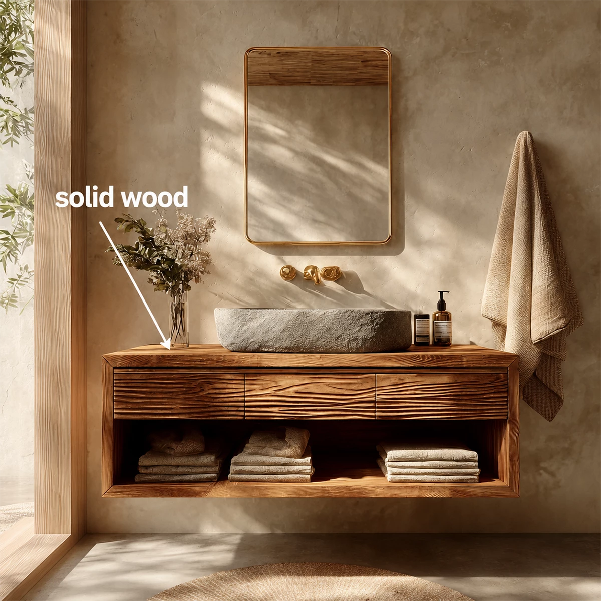 Floating Bathroom Vanity with Textured Wood Drawers and Open Shelf in Natural Solid Wood - Livewoodcraft - 9