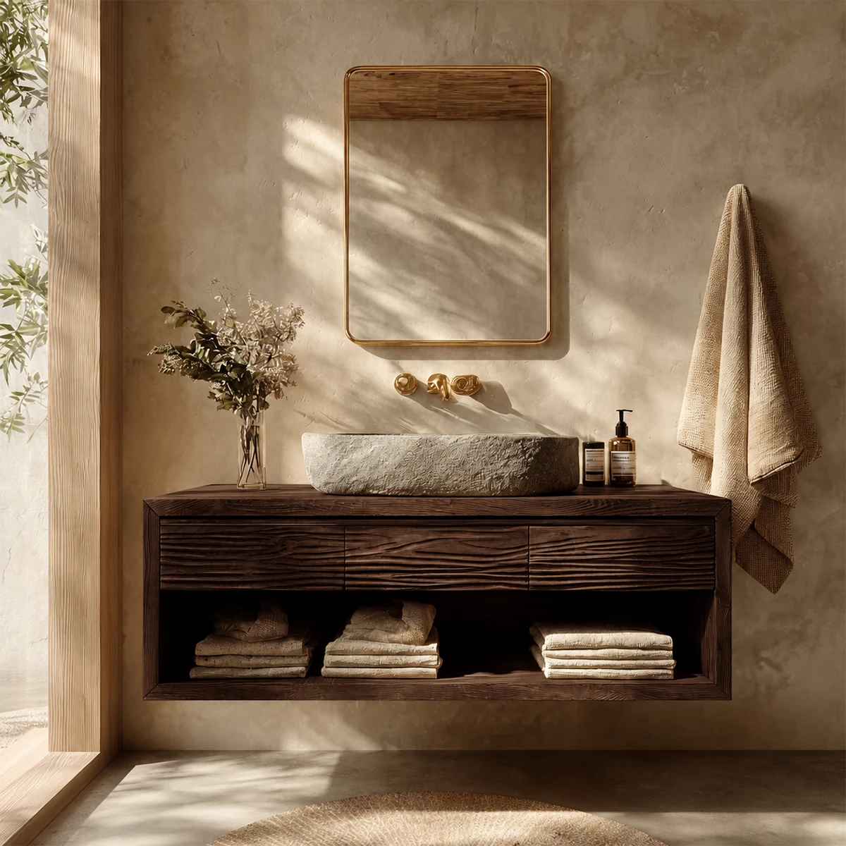Floating Bathroom Vanity with Textured Wood Drawers and Open Shelf in Natural Solid Wood - Livewoodcraft