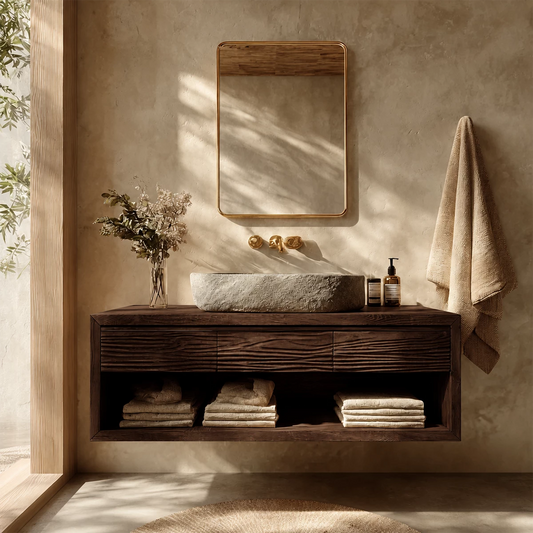 Floating Bathroom Vanity with Textured Wood Drawers and Open Shelf in Natural Solid Wood - Livewoodcraft