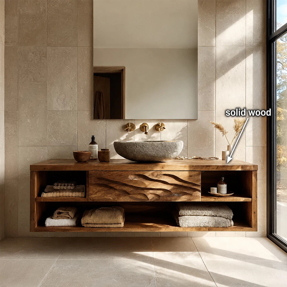 Floating Bathroom Vanity with Wave-Carved Drawer in Natural Solid Wood - Livewoodcraft - 10