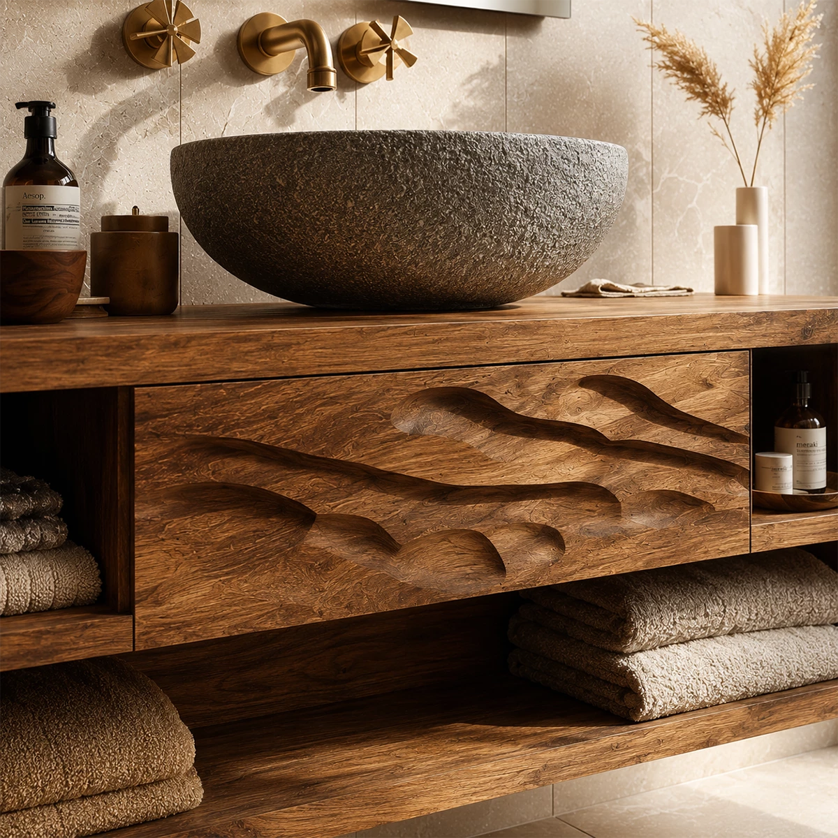 Floating Bathroom Vanity with Wave-Carved Drawer in Natural Solid Wood - Livewoodcraft - 2