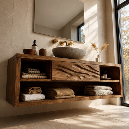 Floating Bathroom Vanity with Wave-Carved Drawer in Natural Solid Wood - Livewoodcraft - 3