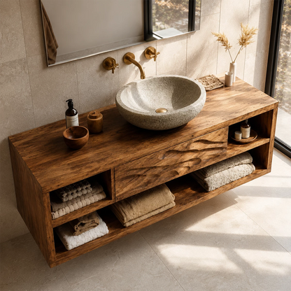 Floating Bathroom Vanity with Wave-Carved Drawer in Natural Solid Wood - Livewoodcraft - 4