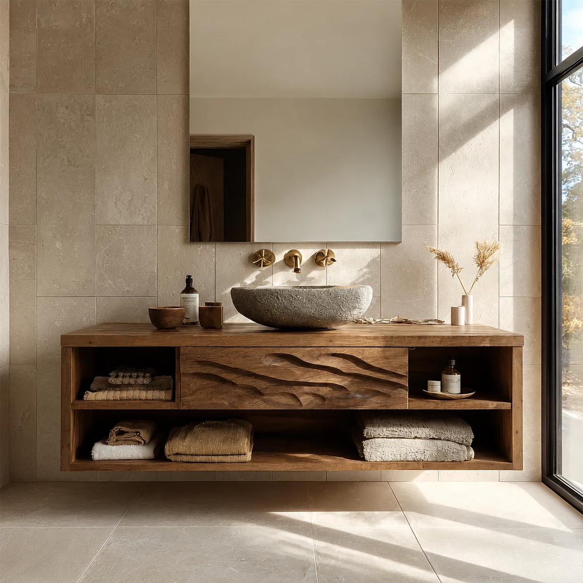 Floating Bathroom Vanity with Wave-Carved Drawer in Natural Solid Wood - Livewoodcraft - 5