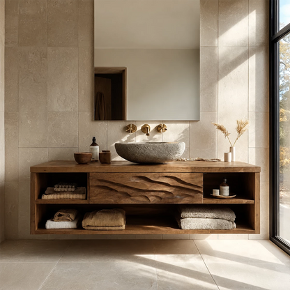 Floating Bathroom Vanity with Wave-Carved Drawer in Natural Solid Wood - Livewoodcraft - 5