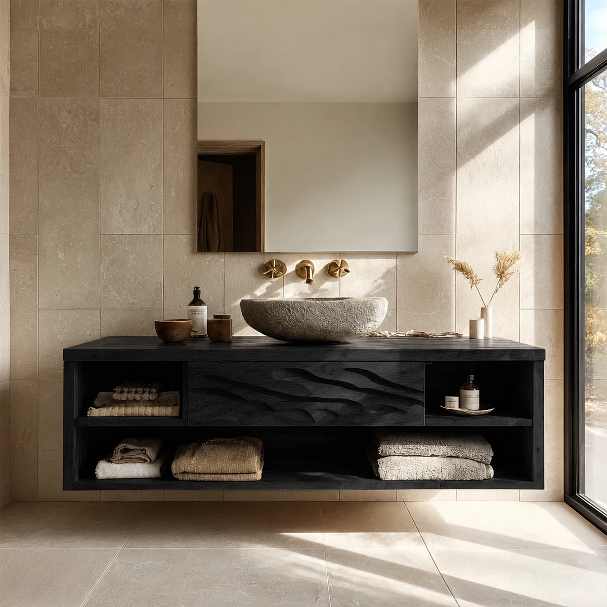 Floating Bathroom Vanity with Wave-Carved Drawer in Natural Solid Wood - Livewoodcraft - 6