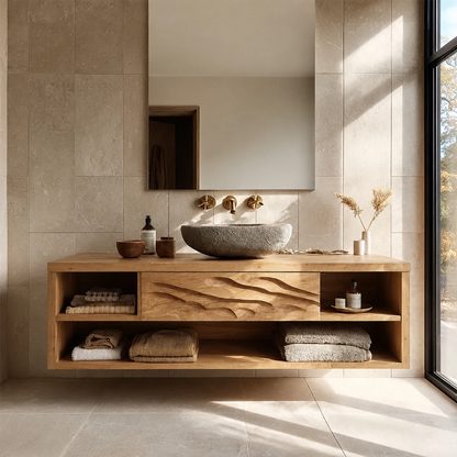 Floating Bathroom Vanity with Wave-Carved Drawer in Natural Solid Wood - Livewoodcraft - 7