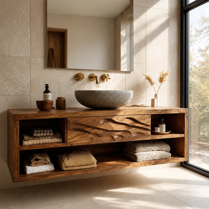 Floating Bathroom Vanity with Wave-Carved Drawer in Natural Solid Wood - Livewoodcraft - 8