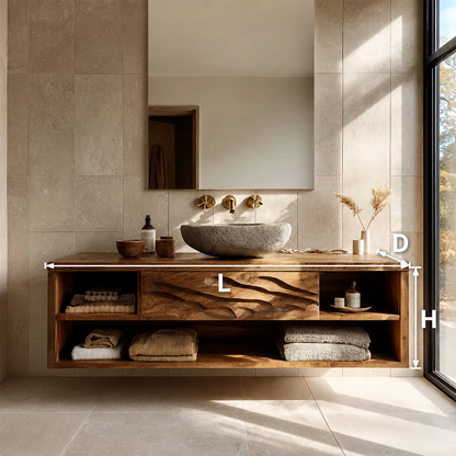 Floating Bathroom Vanity with Wave-Carved Drawer in Natural Solid Wood - Livewoodcraft - 9