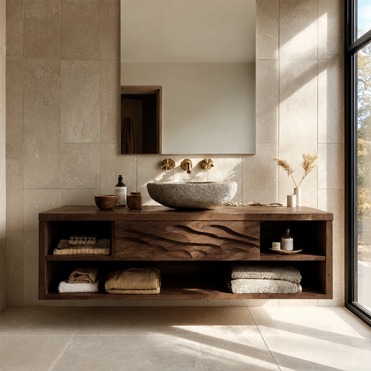 Floating Bathroom Vanity with Wave-Carved Drawer in Natural Solid Wood - Livewoodcraft