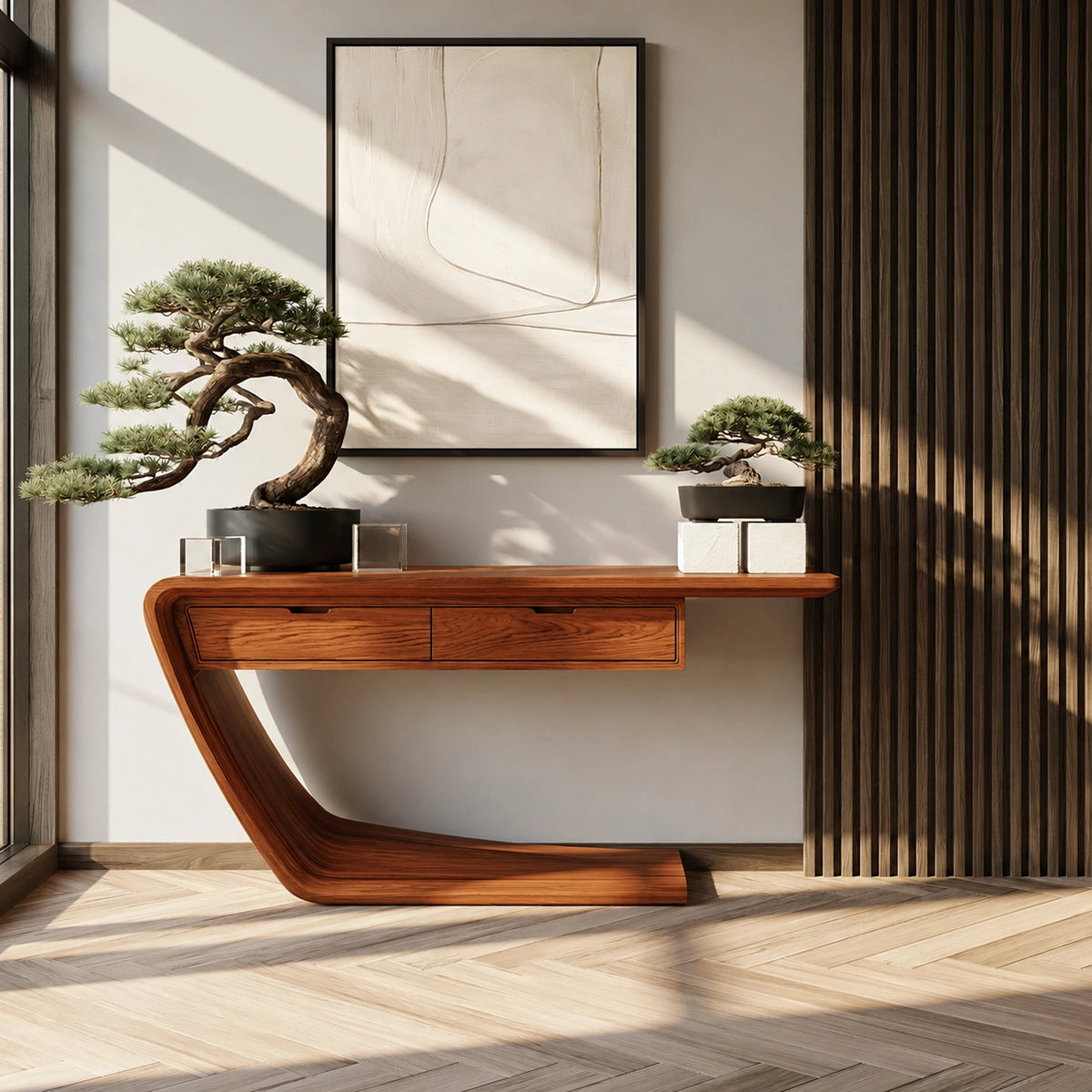 Floating Curve Natural Solid Wood Console Table with Dual Drawers - Livewoodcraft - 2